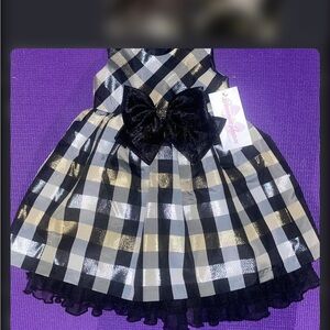 Bonnie Jean Black and Gold Gingham Dress with Waist Bow